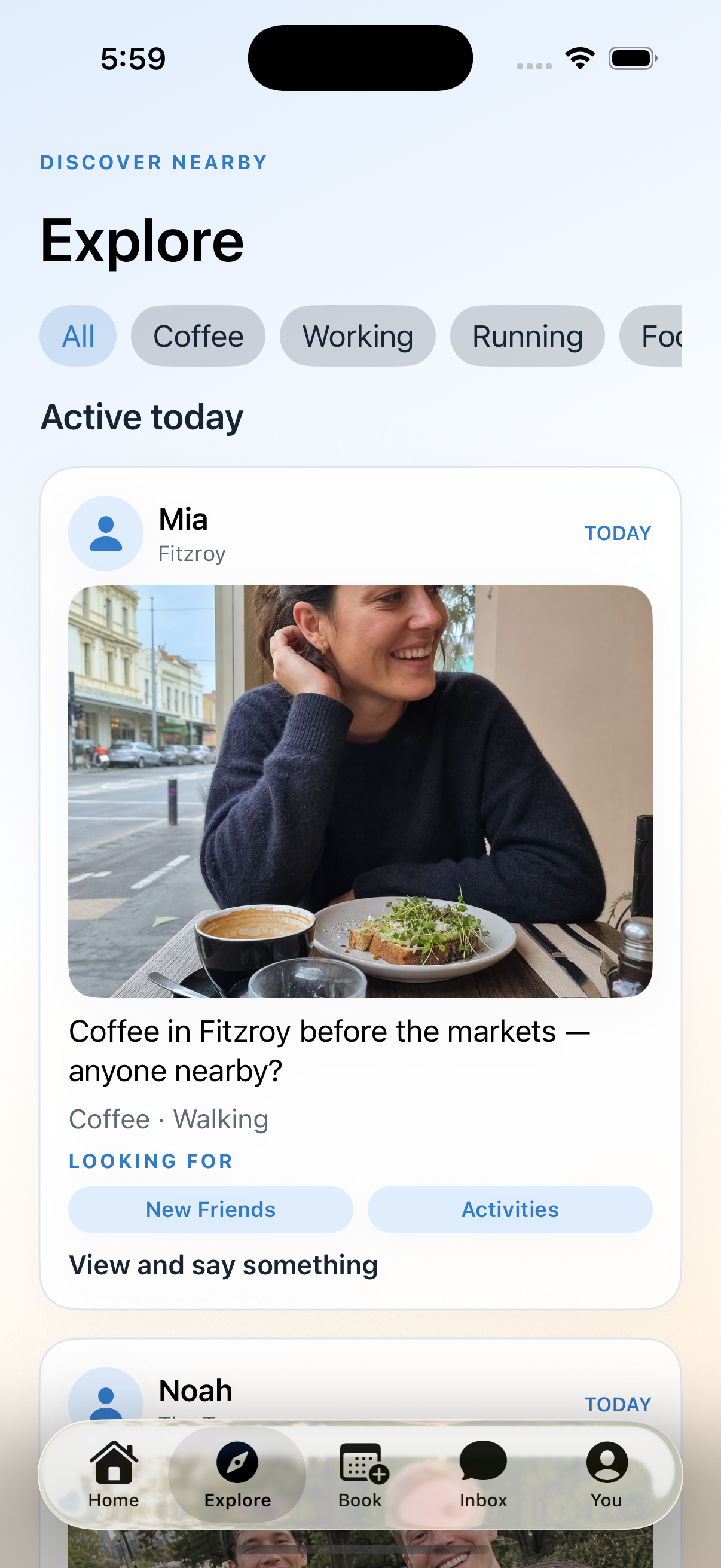 The actual Dayt Explore screen showing nearby check-ins and filters